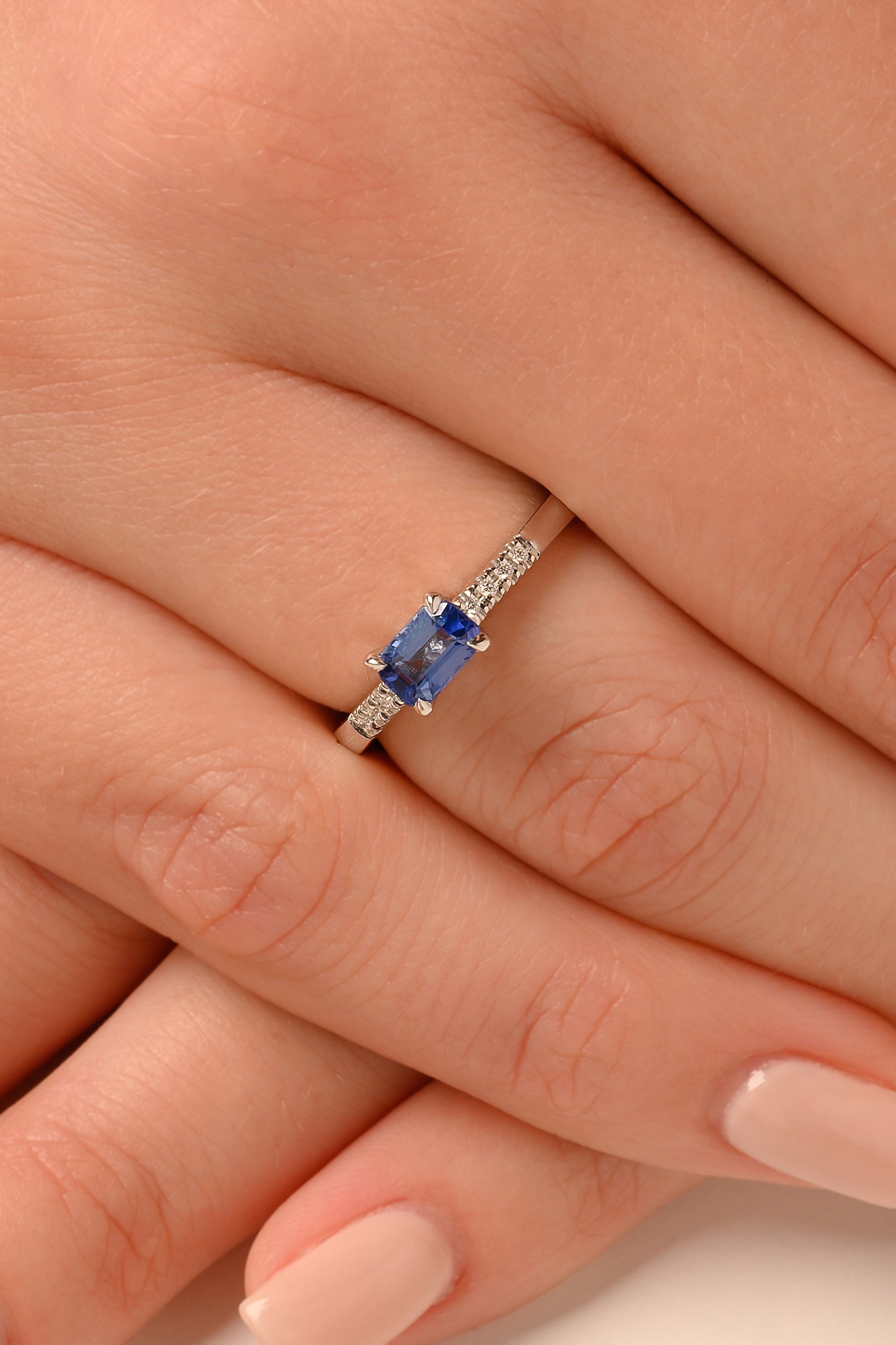 Sapphire Emerald-cut Ring with Diamond Band