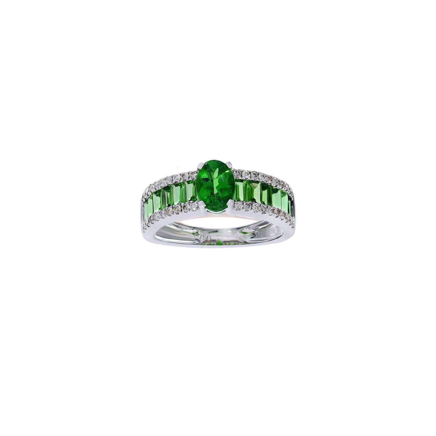 Diamond and tsavorite ring. Tsavorite ring. Ring with green stones. Eternity ring.